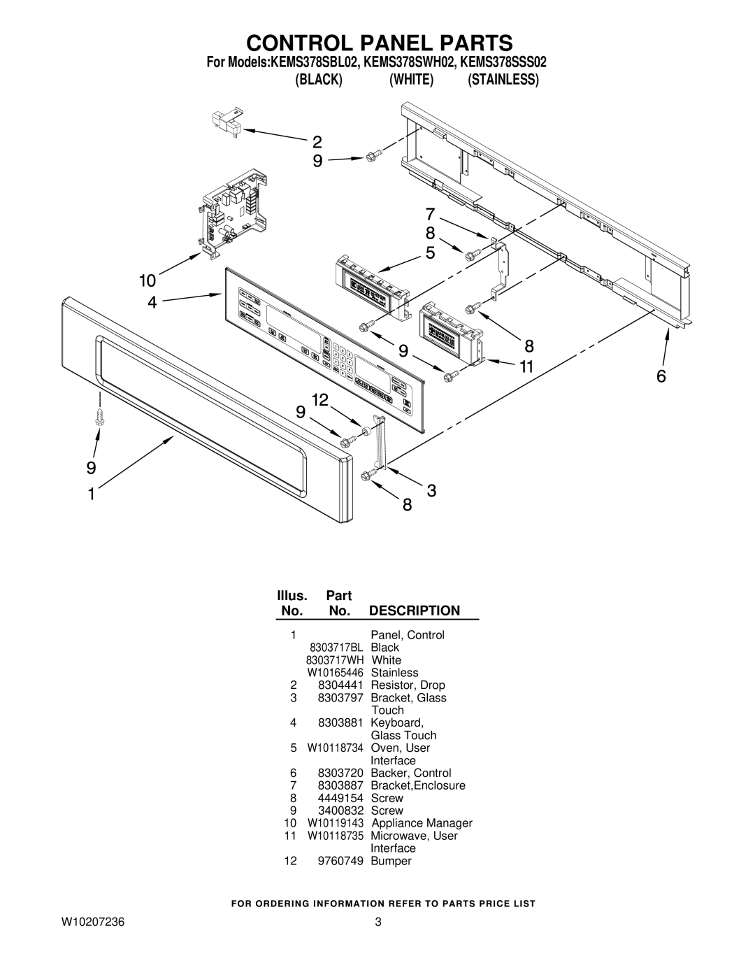 KitchenAid KEMS378SBL02, KEMS378SWH02, KEMS378SSS02 manual Control Panel Parts, Description 