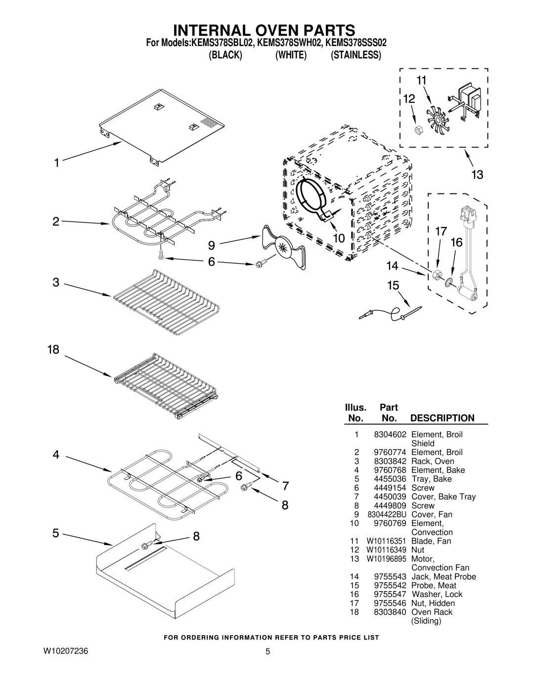 KitchenAid KEMS378SSS02, KEMS378SBL02, KEMS378SWH02 manual Internal Oven Parts 