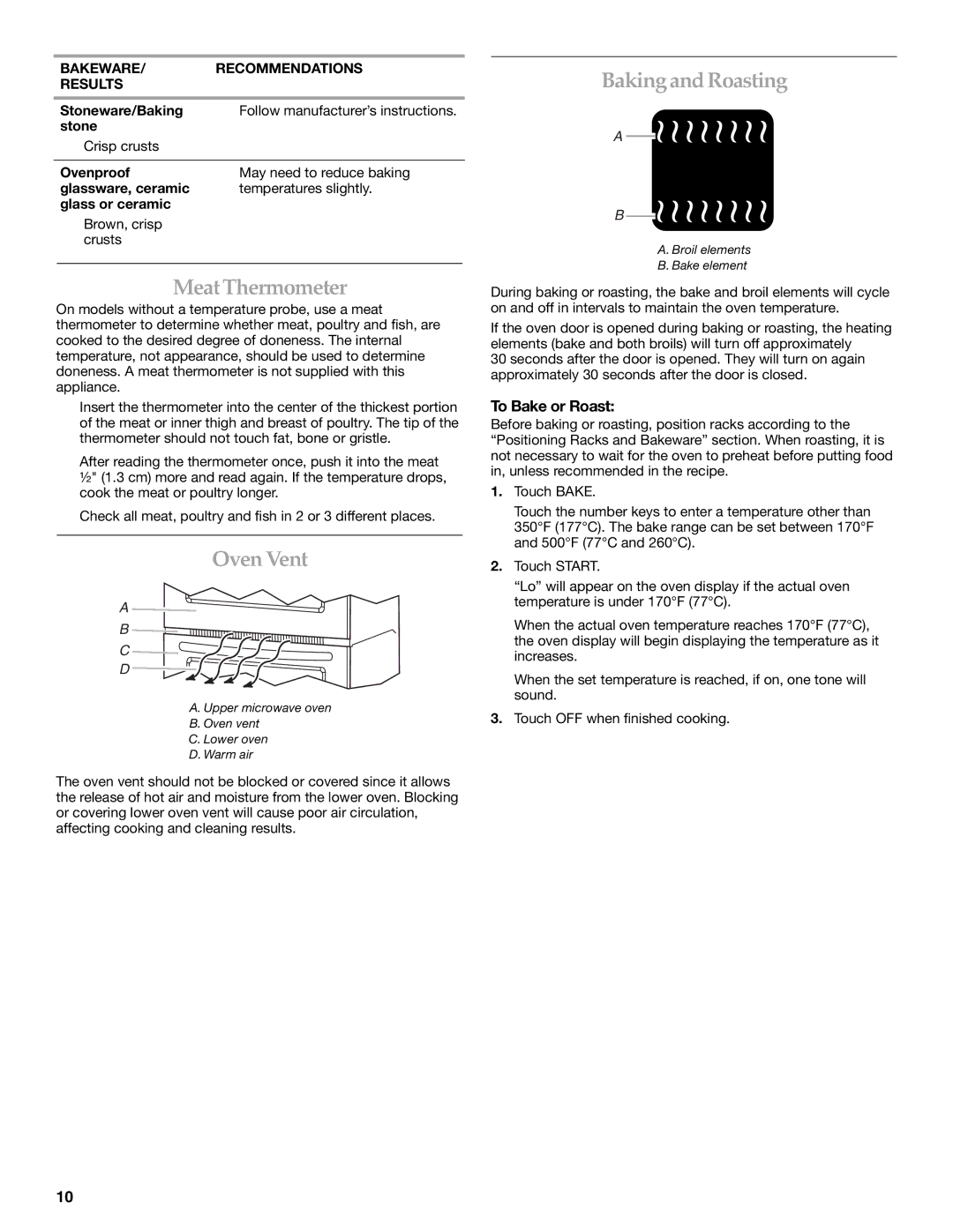 KitchenAid KEMS378SSS manual MeatThermometer, OvenVent, BakingandRoasting, To Bake or Roast 