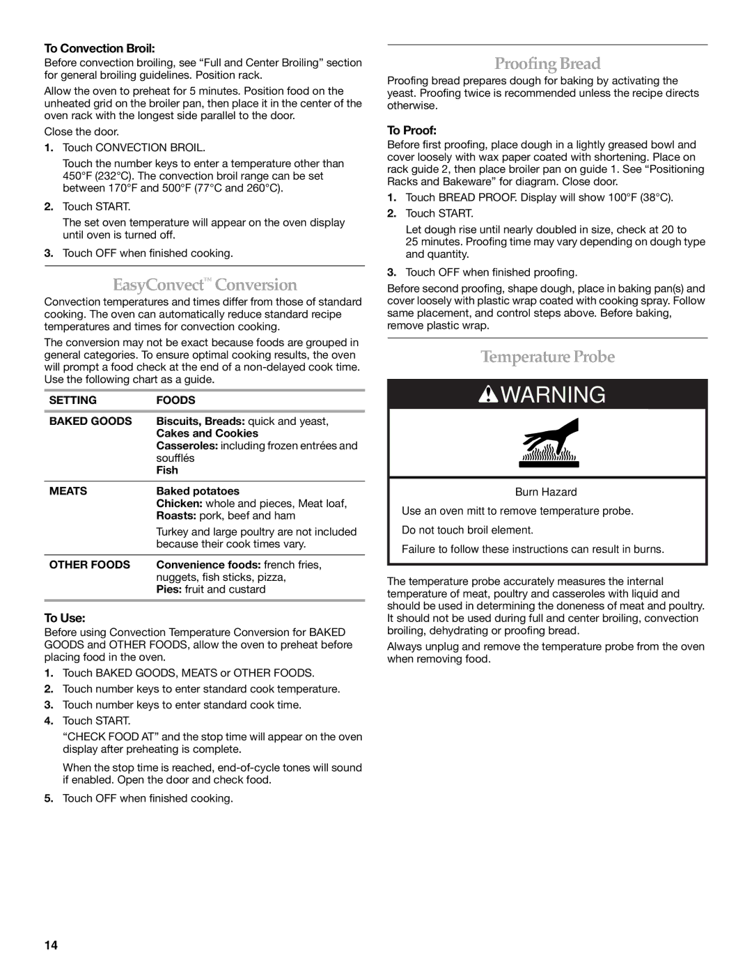 KitchenAid KEMS378SSS manual EasyConvect Conversion, ProofingBread, Temperature Probe 