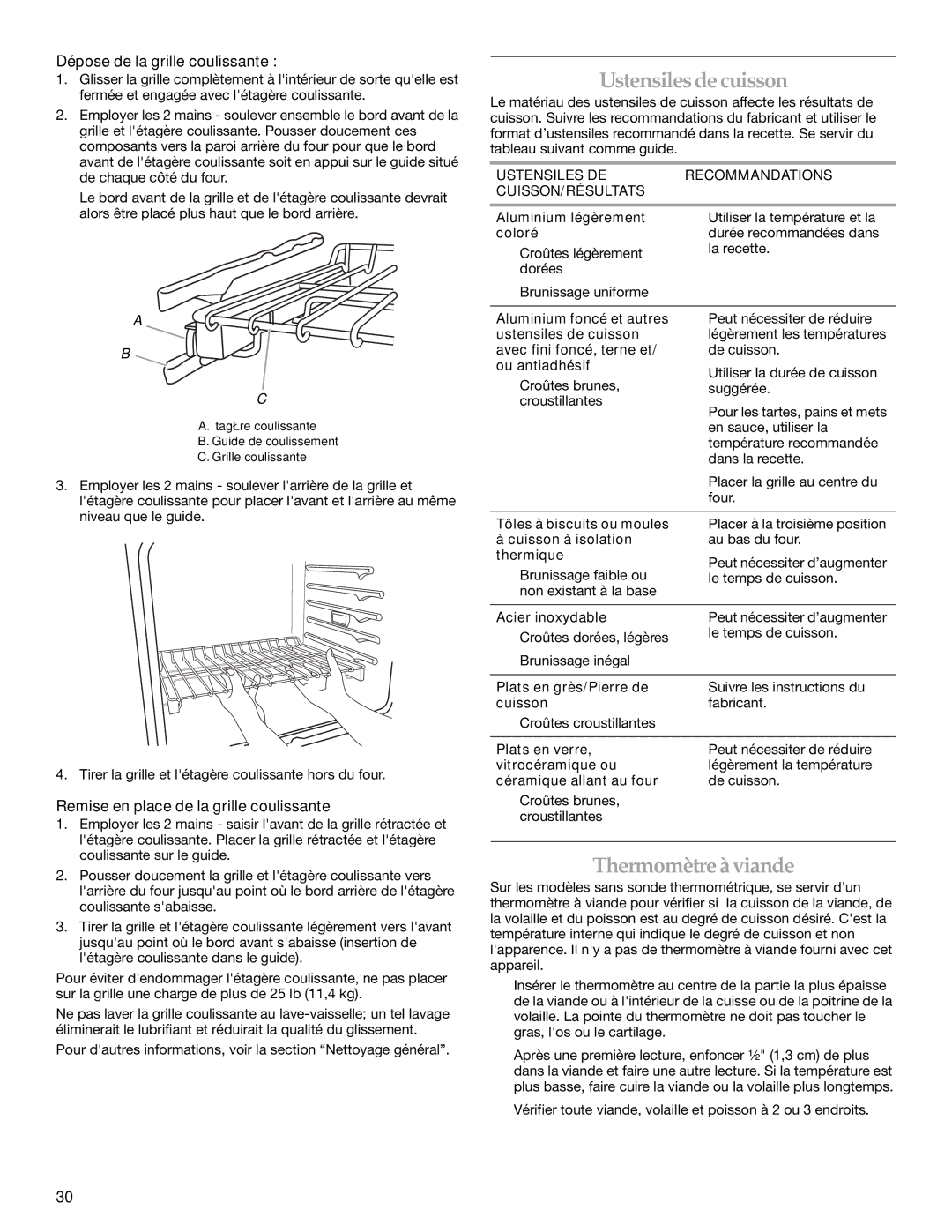 KitchenAid KEMS378SSS manual Ustensilesdecuisson, Thermomètreàviande, Dépose de la grille coulissante 