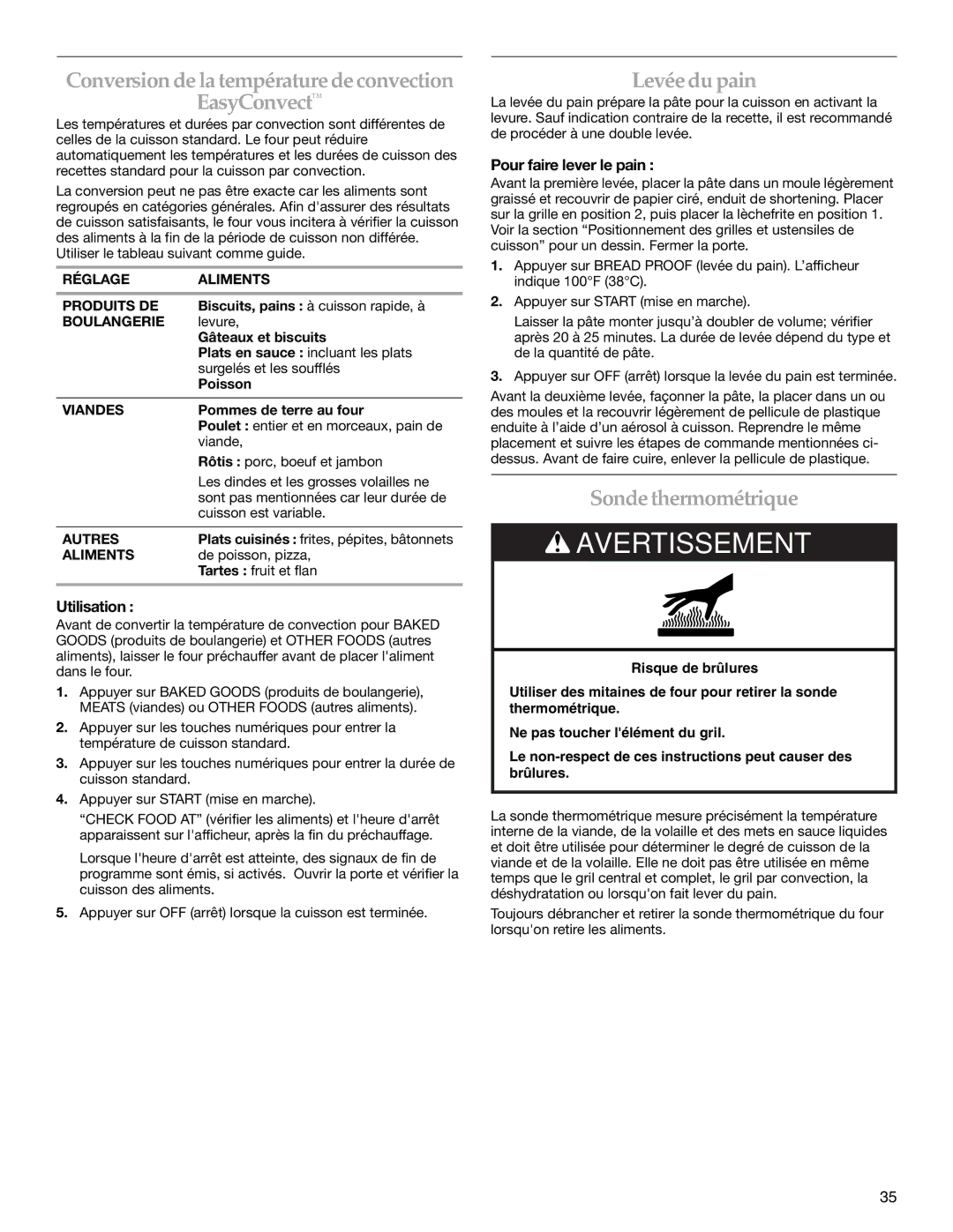 KitchenAid KEMS378SSS Conversiondelatempératuredeconvection EasyConvect, Levéedupain, Sondethermométrique, Utilisation 