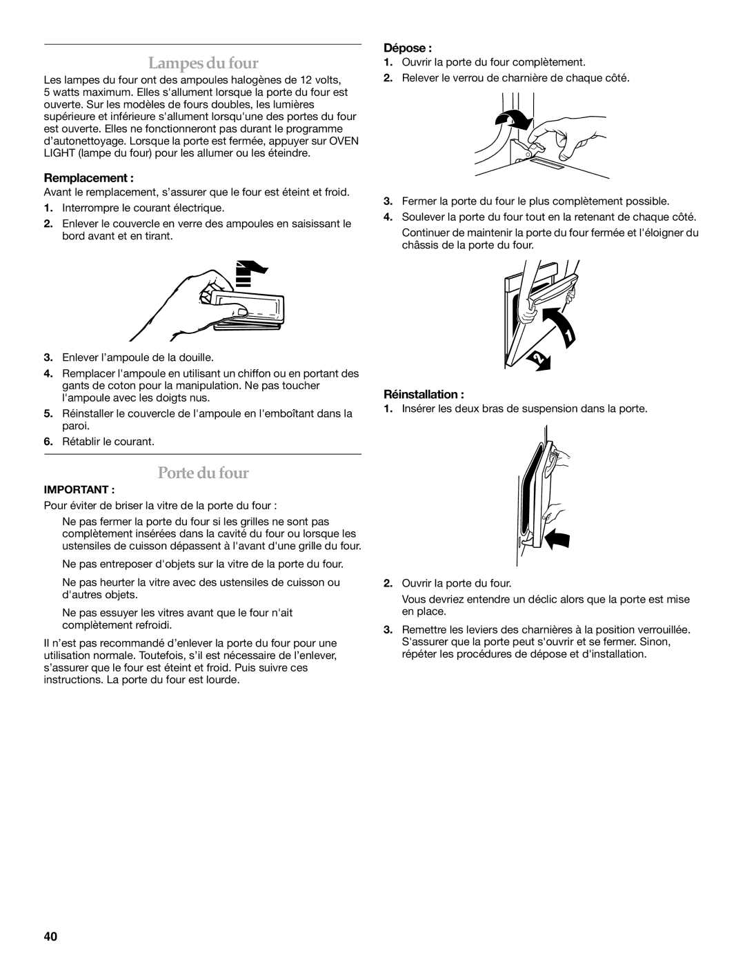 KitchenAid KEMS378SSS manual Lampesdufour, Portedufour, Remplacement, Dépose, Réinstallation 