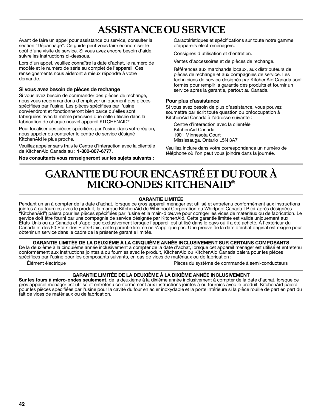 KitchenAid KEMS378SSS manual Assistance OU Service, Si vous avez besoin de pièces de rechange, Pour plus d’assistance 