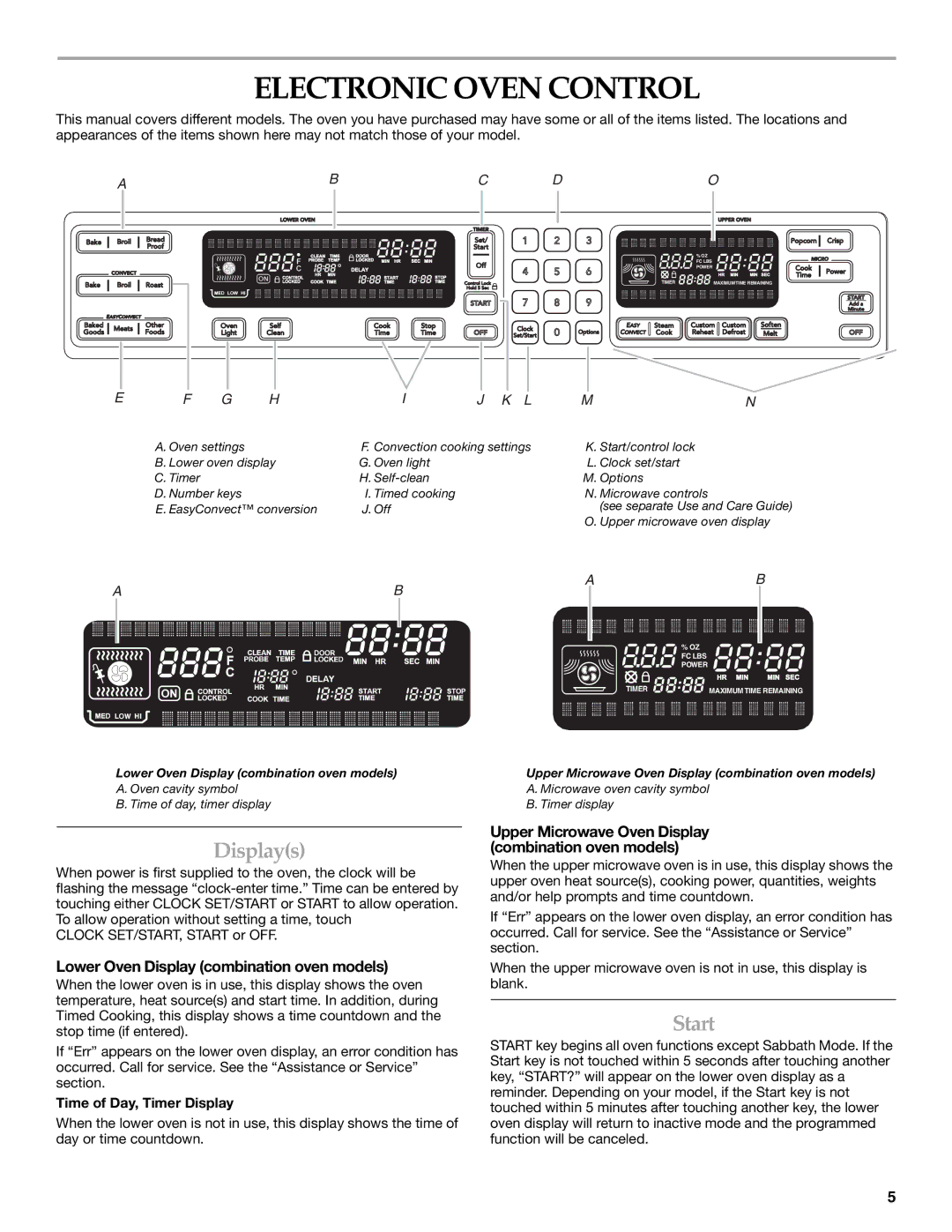 KitchenAid KEMS378SSS manual Electronic Oven Control, Displays, Start, Lower Oven Display combination oven models 