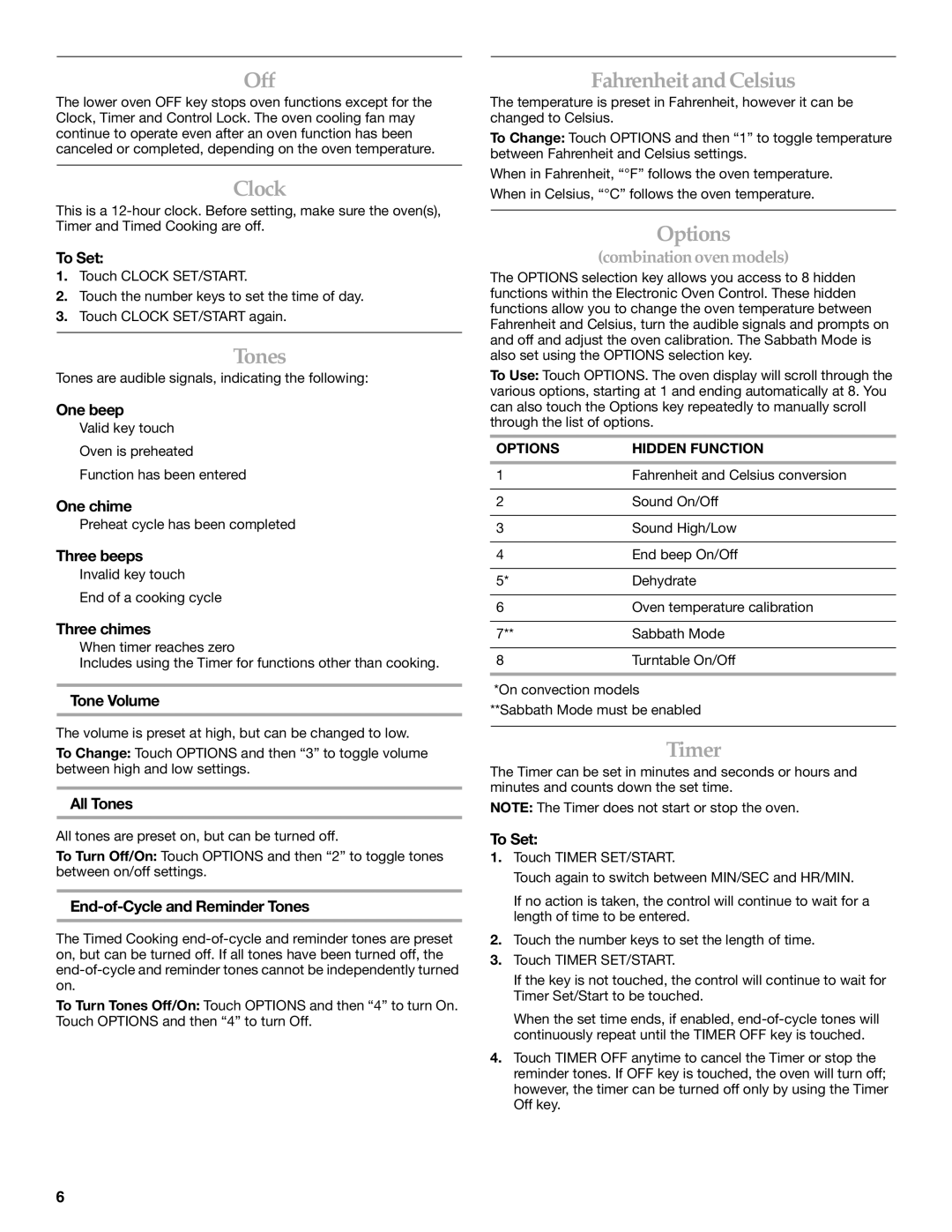 KitchenAid KEMS378SSS manual Off, Clock, Tones, FahrenheitandCelsius, Options, Timer 