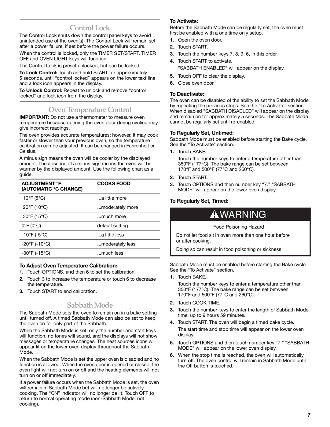 KitchenAid KEMS378SSS manual ControlLock, OvenTemperatureControl, SabbathMode 