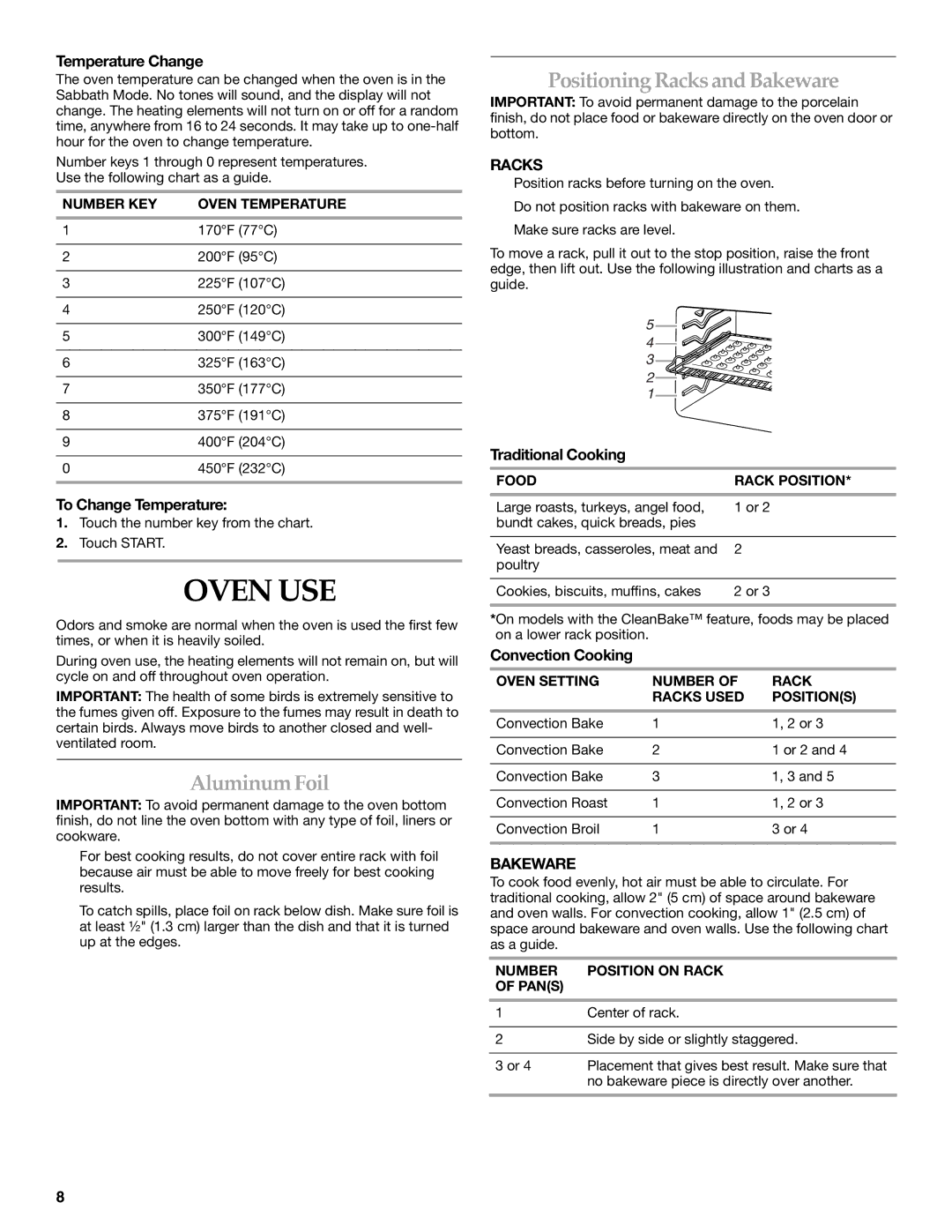 KitchenAid KEMS378SSS manual Oven USE, AluminumFoil, PositioningRacksandBakeware 