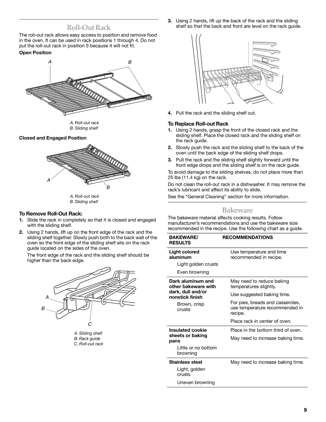 KitchenAid KEMS378SSS manual Roll-OutRack, Bakeware, To Remove Roll-Out Rack, To Replace Roll-out Rack 