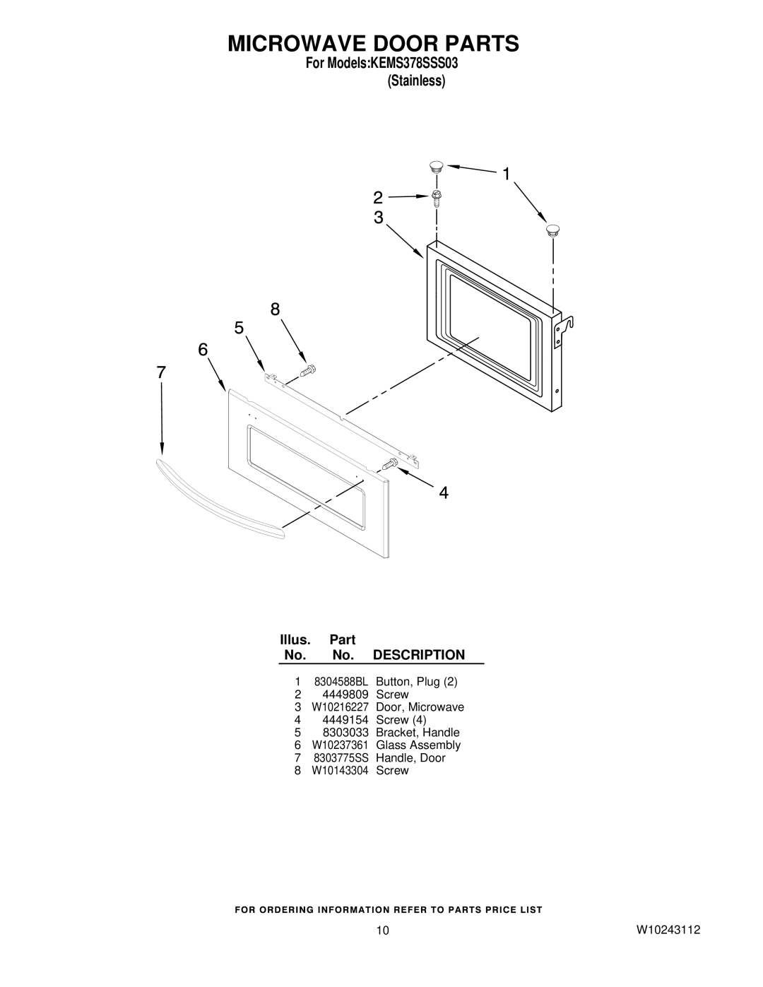 KitchenAid KEMS378SSS03 manual Microwave Door Parts 