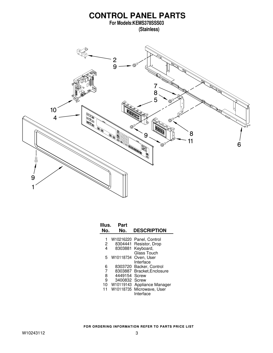 KitchenAid KEMS378SSS03 manual Control Panel Parts 