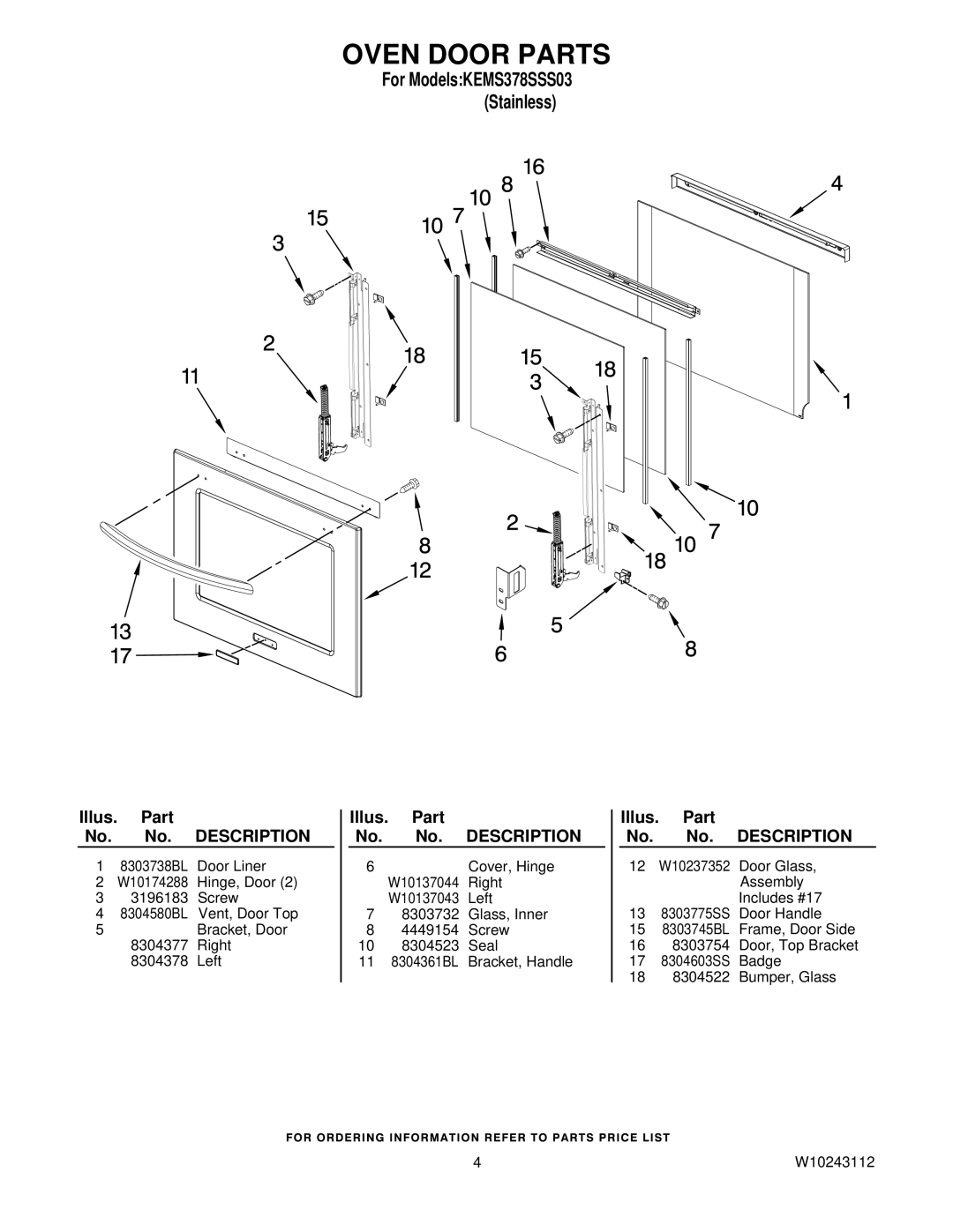 KitchenAid KEMS378SSS03 manual Oven Door Parts 