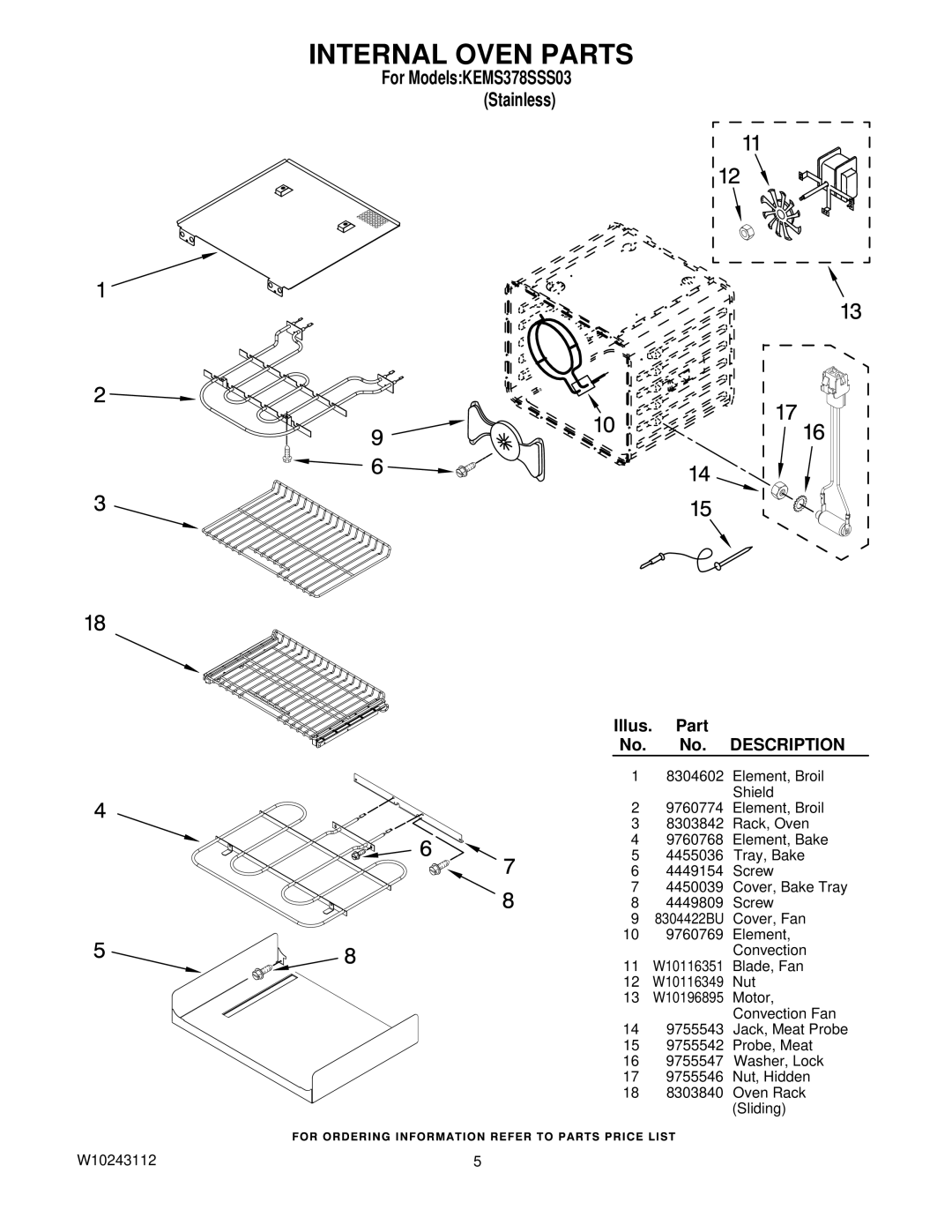 KitchenAid KEMS378SSS03 manual Internal Oven Parts, Description 