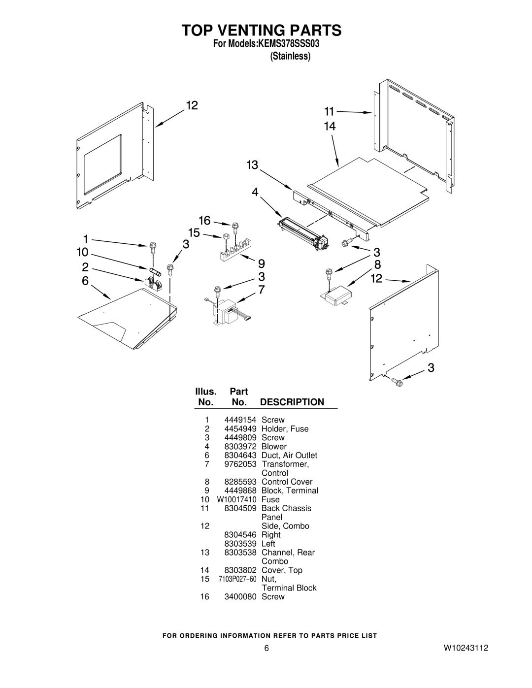 KitchenAid KEMS378SSS03 manual TOP Venting Parts 