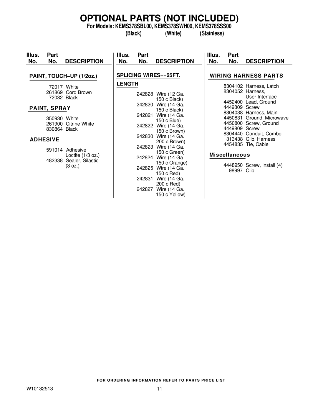 KitchenAid KEMS378SBL00, KEMS378SWH00, KEMS378SSS00 manual Optional Parts not Included, Wiring Harness Parts 