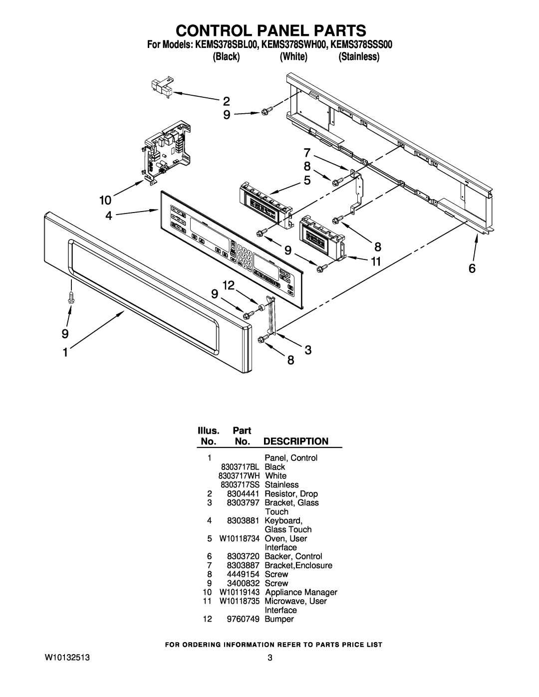 KitchenAid manual Control Panel Parts, For Models KEMS378SBL00, KEMS378SWH00, KEMS378SSS00, Black White Stainless 