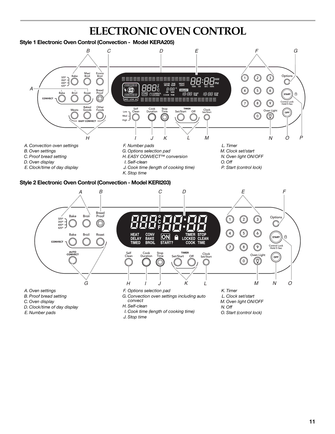 KitchenAid KERI203, KERI201 manual Style 1 Electronic Oven Control Convection Model KERA205 