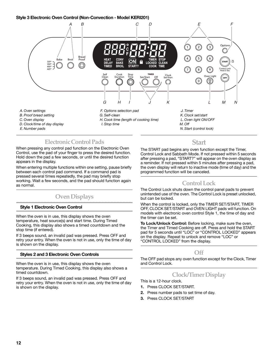 KitchenAid KERA205, KERI201, KERI203 manual ElectronicControlPads, Oven Displays, ControlLock, Off, Clock/Timer Display 