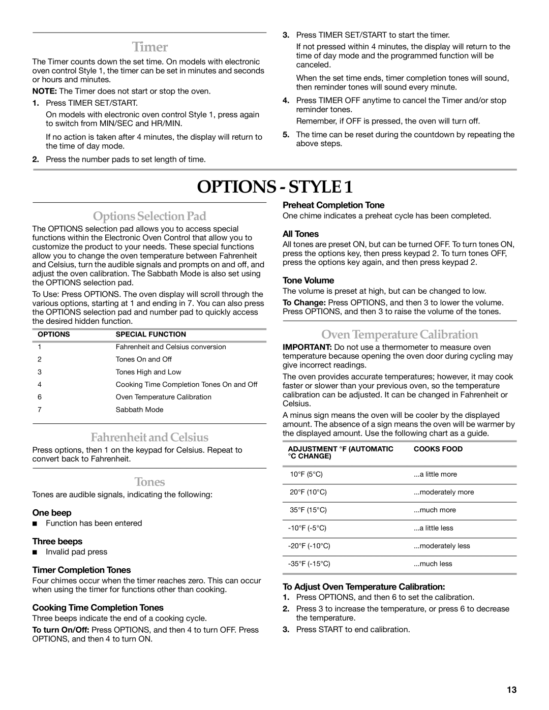 KitchenAid KERI201 manual Options Style, OptionsSelection Pad, Fahrenheit and Celsius, Tones, Oven Temperature Calibration 