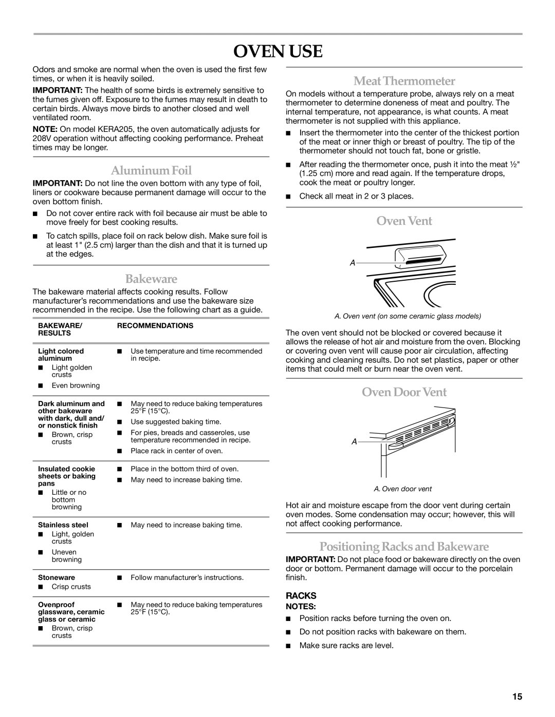 KitchenAid KERA205, KERI201, KERI203 manual Oven USE 