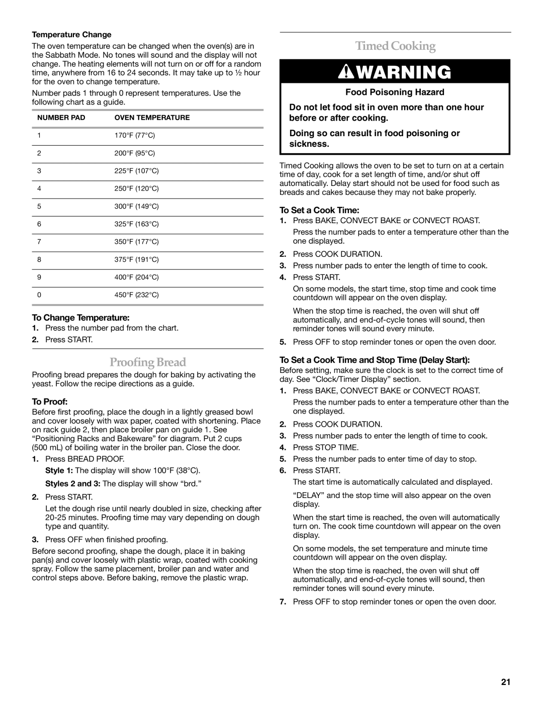 KitchenAid KERA205, KERI201, KERI203 manual Timed Cooking, Proofing Bread 