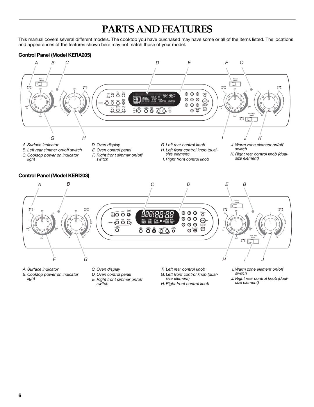 KitchenAid KERI201 manual Parts and Features, Control Panel Model KERA205, Control Panel Model KERI203 