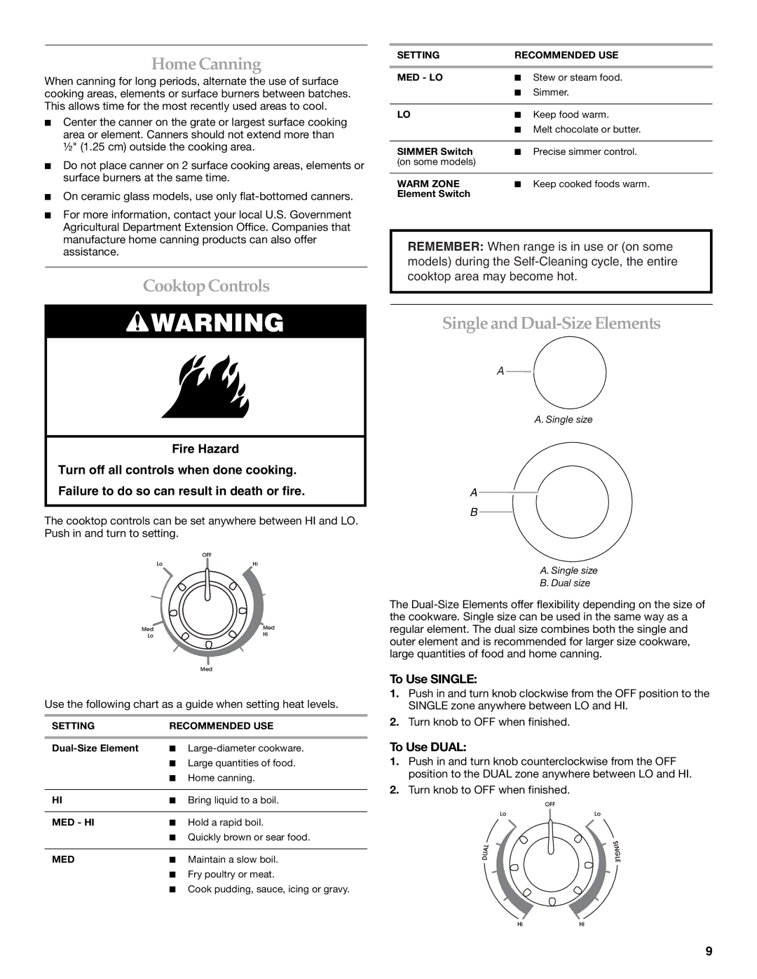 KitchenAid KERA205, KERI201 manual Home Canning, Cooktop Controls, Single and Dual-Size Elements, To Use Single, To Use Dual 