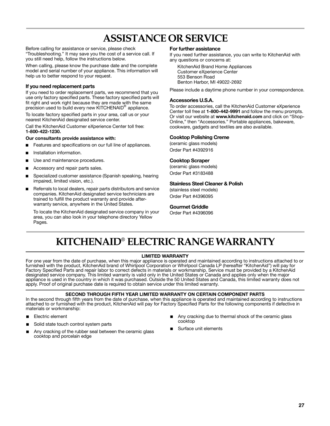 KitchenAid KERA205PBL warranty Assistance or Service, Kitchenaid Electric Range Warranty 