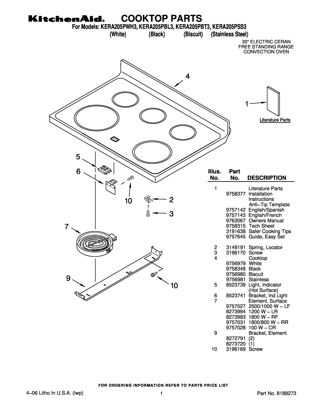 KitchenAid KERA205PSS3, KERA205PWH3 installation instructions Cooktop Parts, White, Black, Biscuit Stainless Steel 