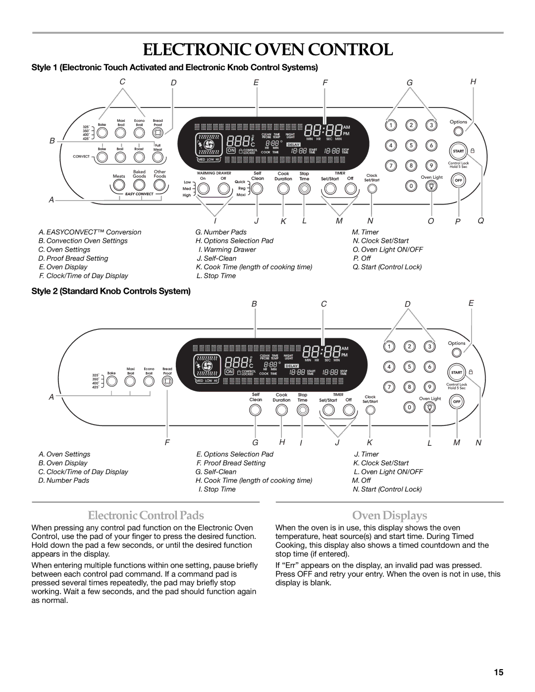 KitchenAid KERA807 KESI901 manual Electronic Oven Control, ElectronicControlPads, Oven Displays 