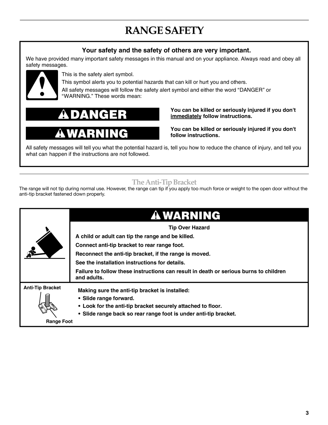 KitchenAid KERA807 KESI901 manual Range Safety, Anti-Tip Bracket 