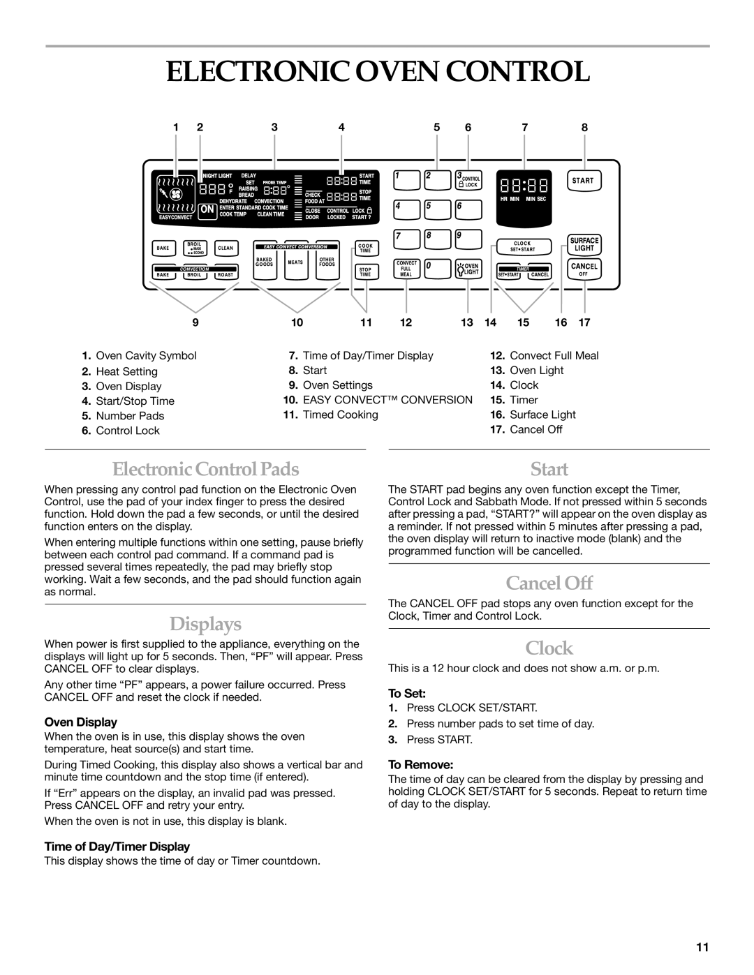 KitchenAid YKERC507, YKERS507 manual Electronic Oven Control, Start, Displays, CancelOff, Clock 