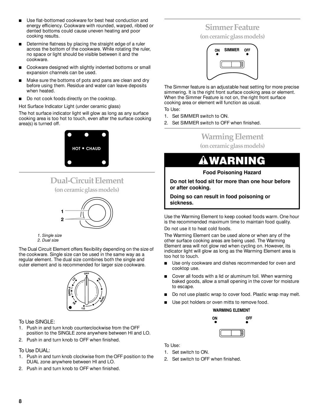 KitchenAid YKERC507, YKERS507 manual SimmerFeature, Dual-CircuitElement, Warming Element, To Use Single, To Use Dual 