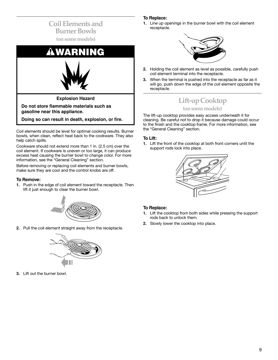 KitchenAid YKERS507, YKERC507 manual CoilElements Burner Bowls, Lift-upCooktop, To Remove, To Replace, To Lift 