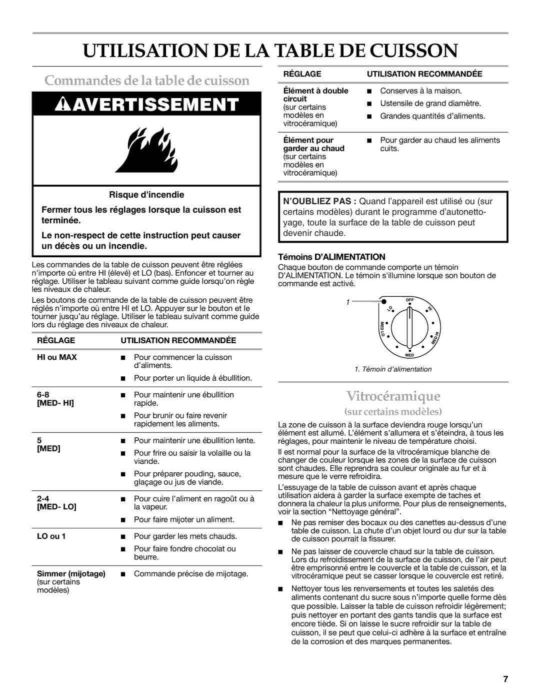 KitchenAid YKERC508 manual Utilisation DE LA Table DE Cuisson, Commandes de la table de cuisson, Vitrocéramique 