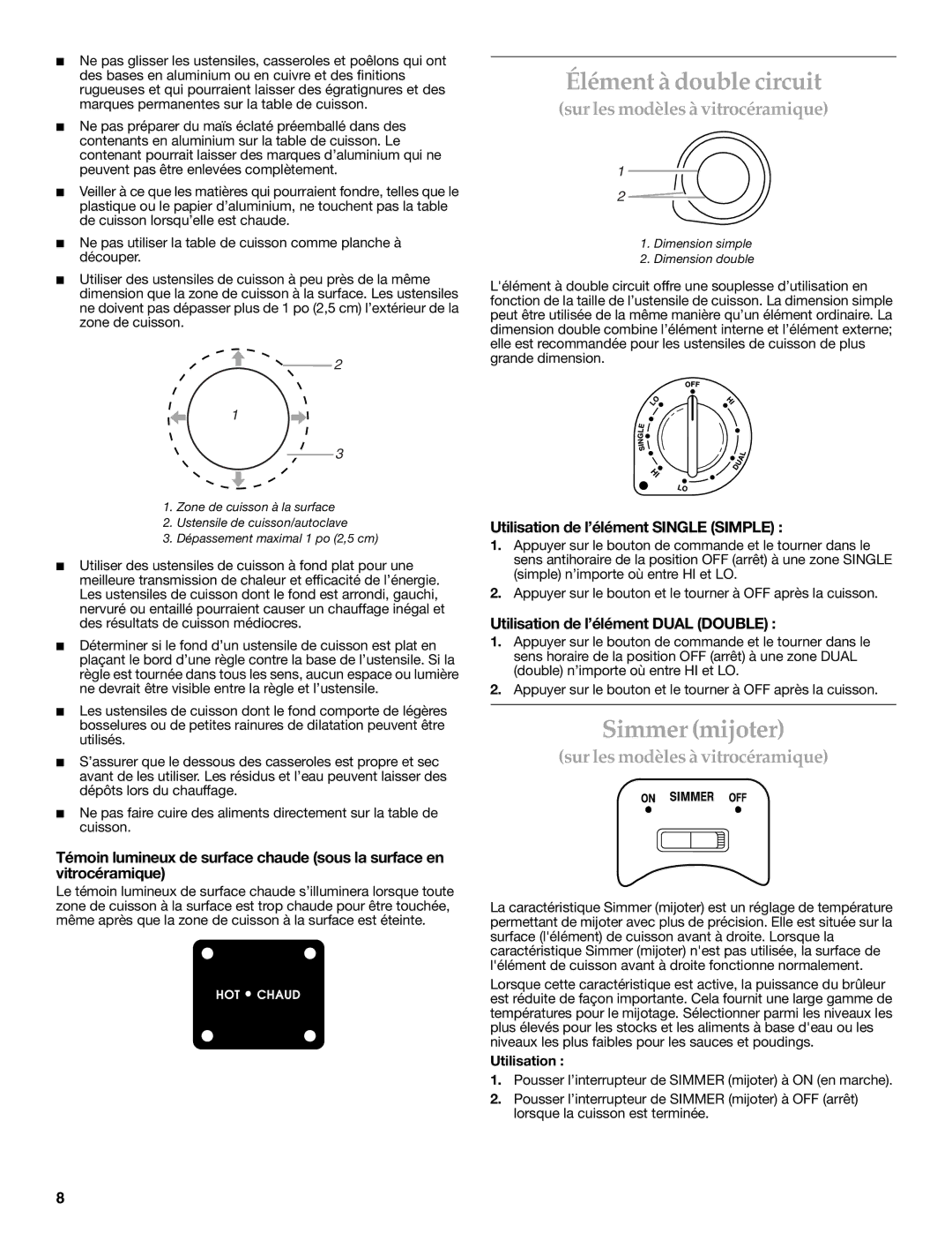 KitchenAid YKERC508 manual Élément à double circuit, Simmer mijoter, Utilisation de l’élément Single Simple 