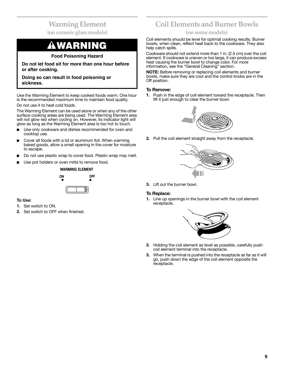 KitchenAid YKERC508 manual Warming Element, Coil Elements and Burner Bowls, To Remove, To Replace 