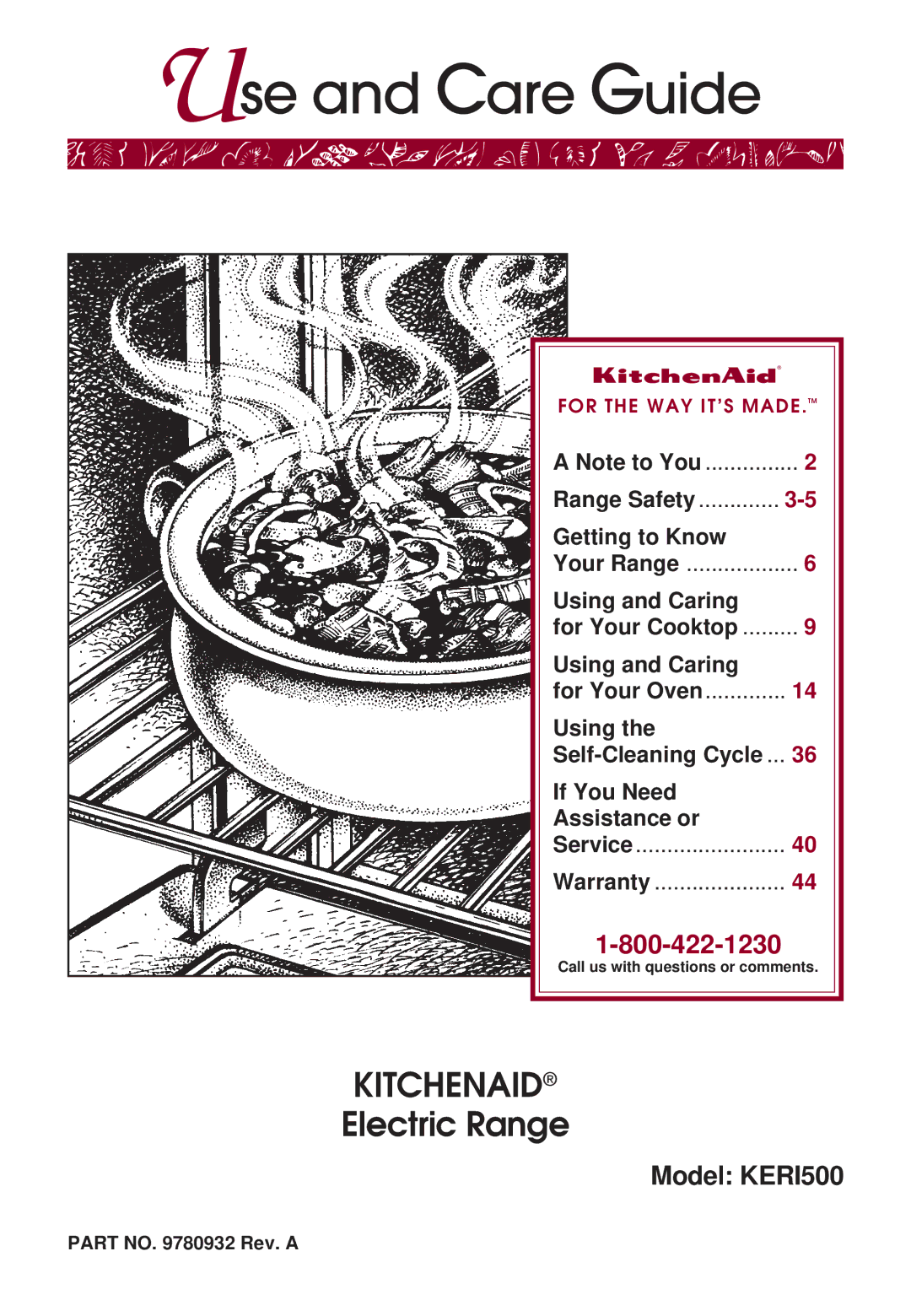 KitchenAid KERI500 warranty Range Safety Getting to Know, Using and Caring, Part no Rev. a 