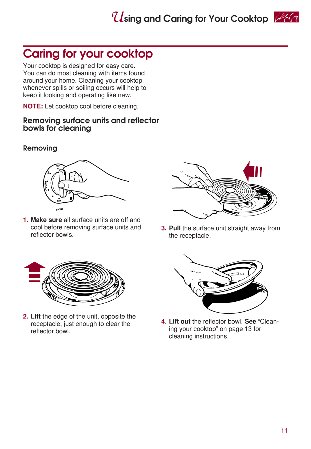 KitchenAid KERI500 warranty Caring for your cooktop, Removing surface units and reflector bowls for cleaning 