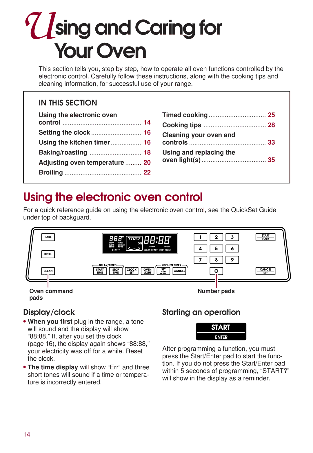 KitchenAid KERI500 Using and Caring for Your Oven, Using the electronic oven control, Display/clock, Starting an operation 