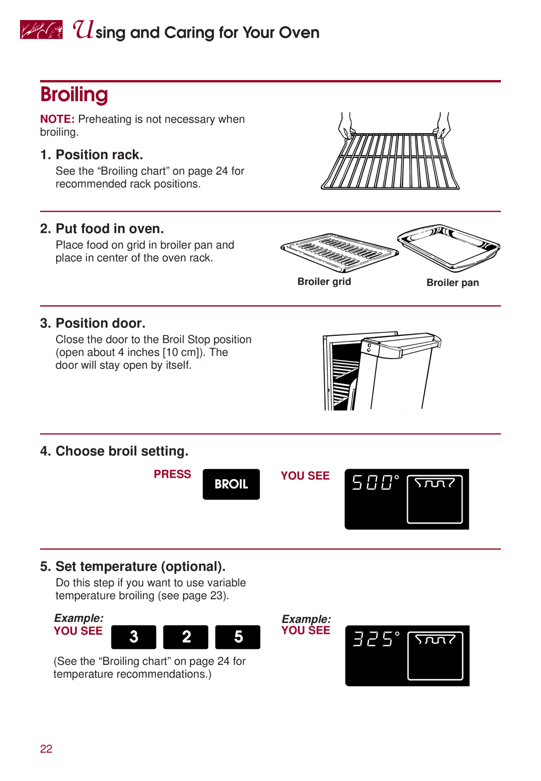 KitchenAid KERI500 warranty Broiling, Position rack, Put food in oven, Position door, Choose broil setting 