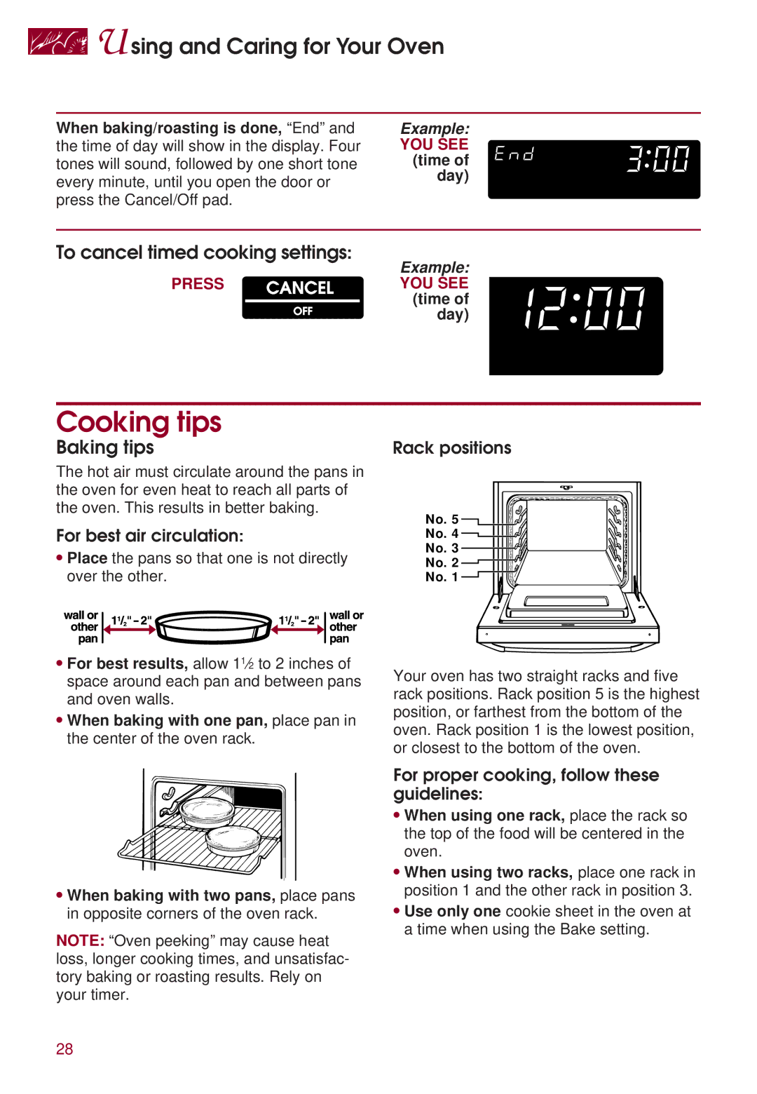 KitchenAid KERI500 warranty Cooking tips, To cancel timed cooking settings, Baking tips 