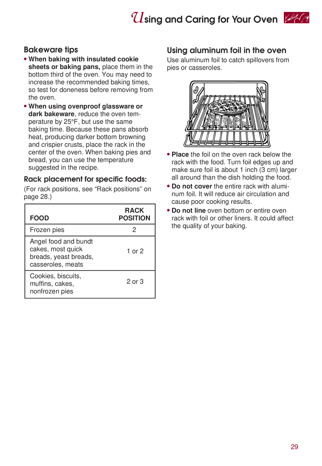 KitchenAid KERI500 warranty Bakeware tips, Using aluminum foil in the oven, Frozen pies 