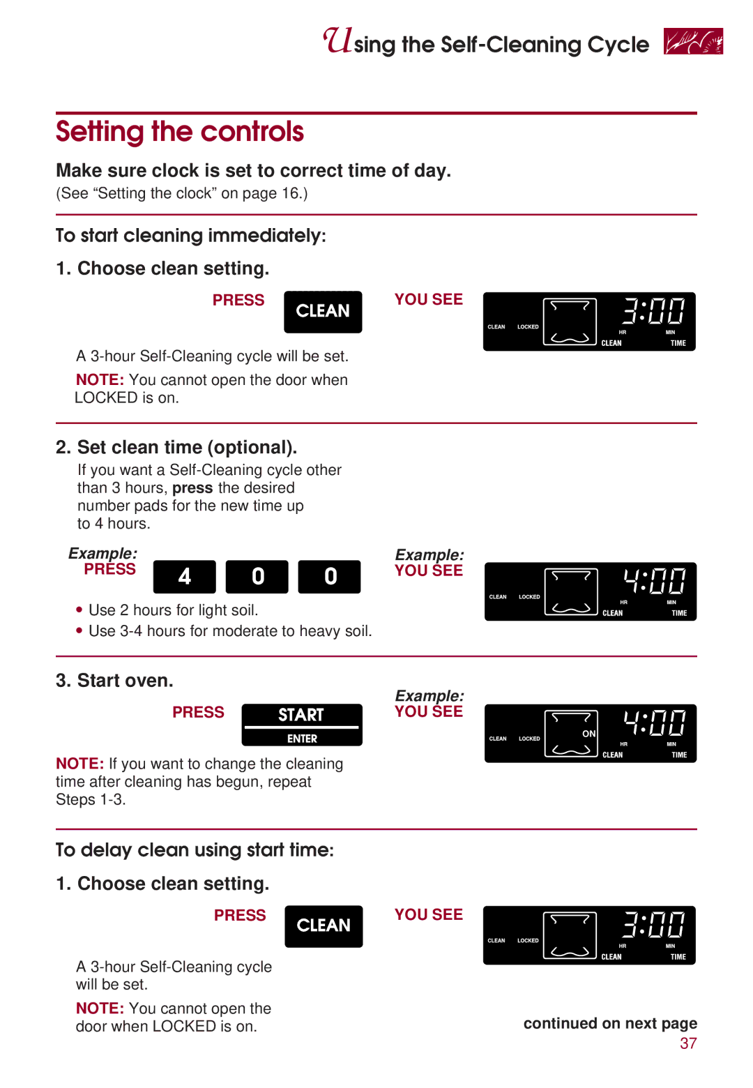 KitchenAid KERI500 warranty Setting the controls, Make sure clock is set to correct time of day, Choose clean setting 