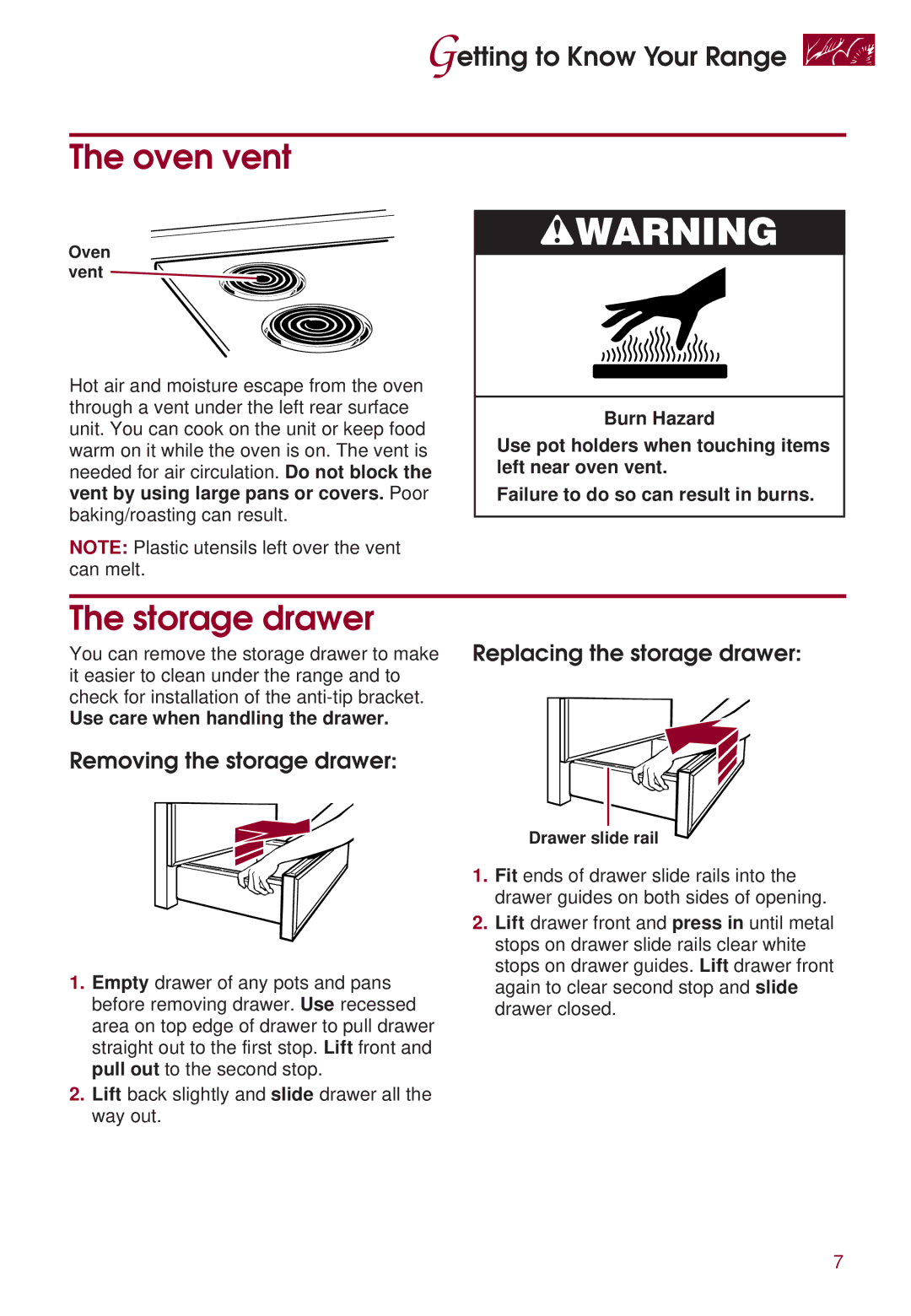 KitchenAid KERI500 warranty Oven vent, Storage drawer, Removing the storage drawer, Replacing the storage drawer 