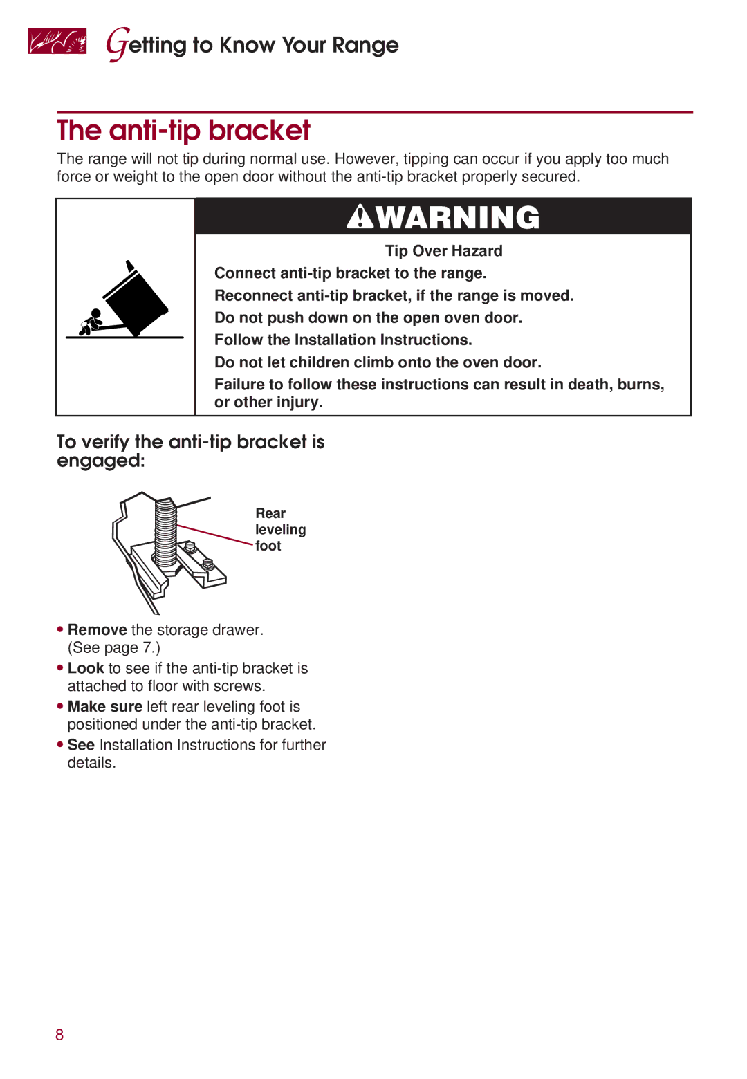 KitchenAid KERI500 warranty Anti-tip bracket, To verify the anti-tip bracket is engaged 