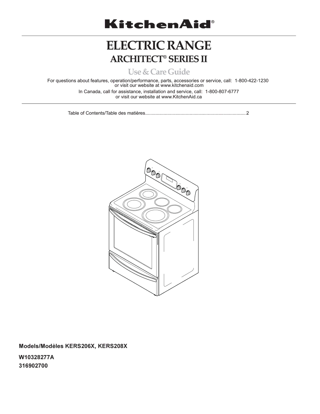 KitchenAid manual Models/Modèles KERS206X, KERS208X W10328277A 316902700 