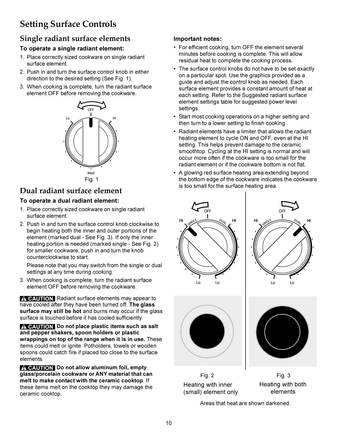 KitchenAid KERS206X, KERS208X manual Setting Surface Controls, Single radiant surface elements, Dual radiant surface element 