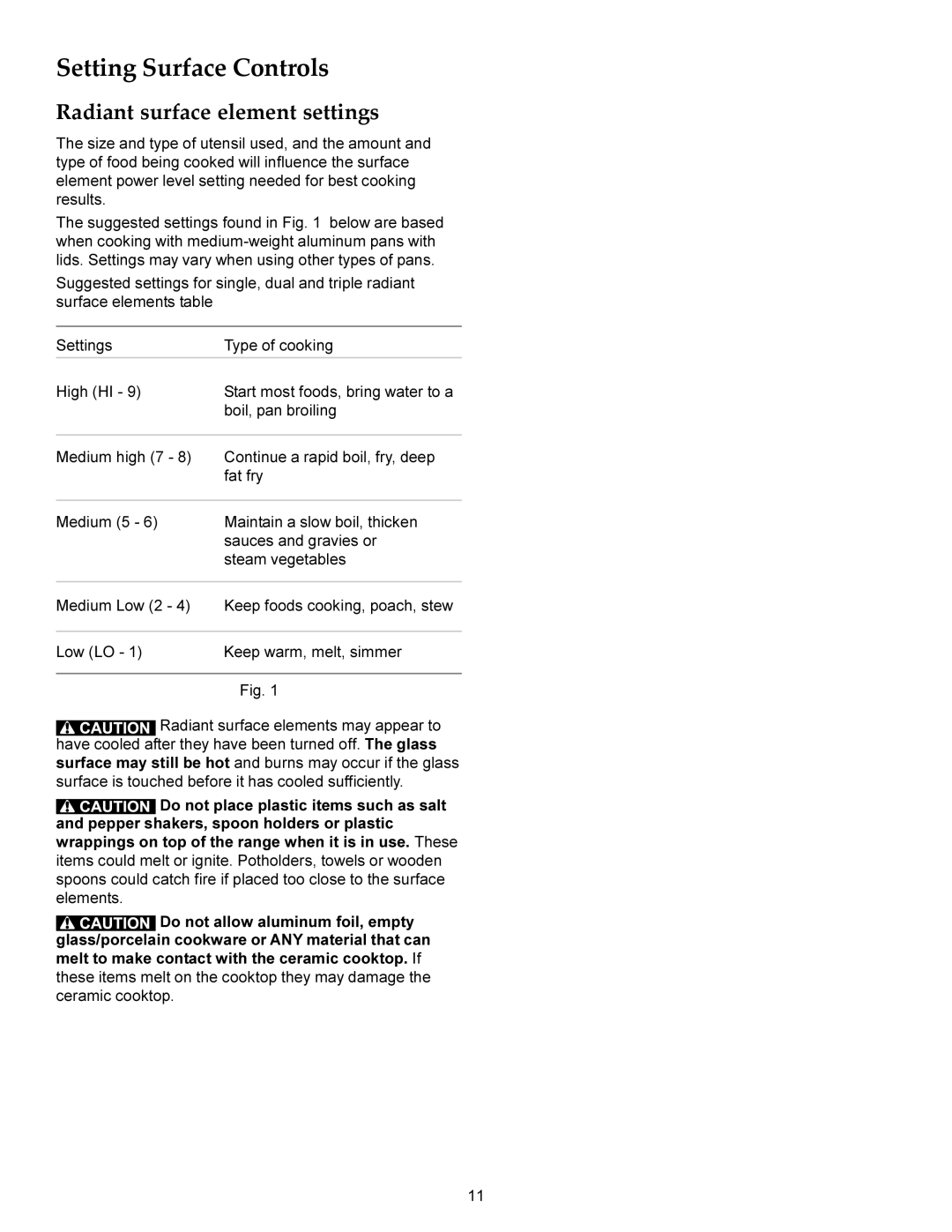 KitchenAid KERS208X, KERS206X manual Radiant surface element settings 