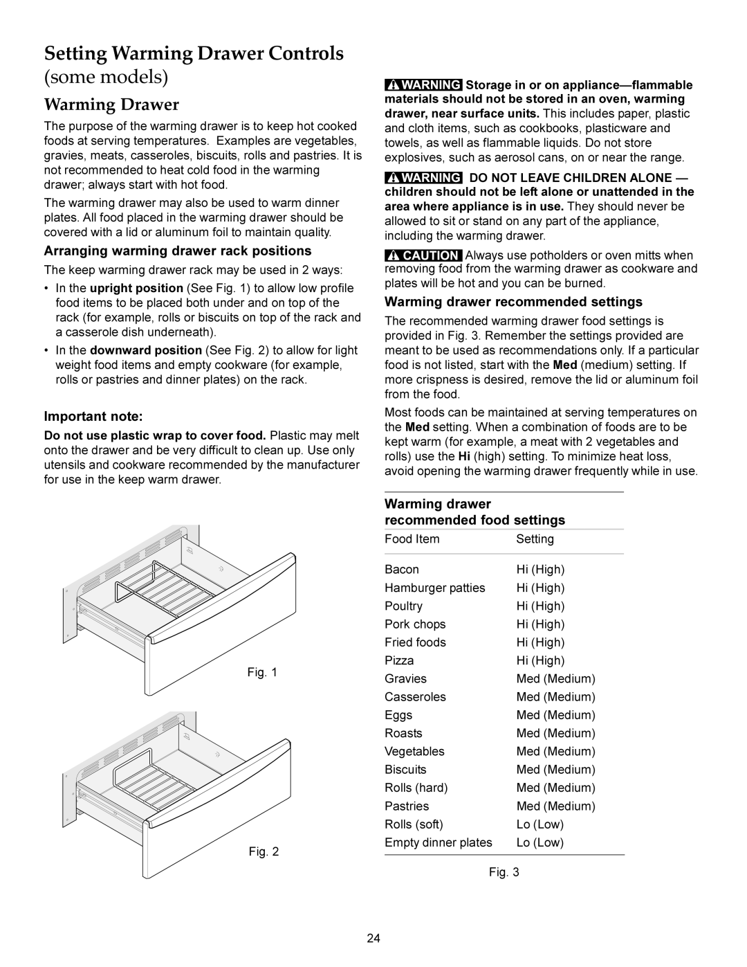 KitchenAid KERS206X, KERS208X manual Setting Warming Drawer Controls some models, Arranging warming drawer rack positions 